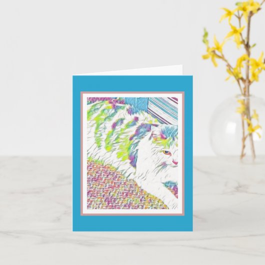 Carte Illustration d'un joli chat blanc (Fleur jaune)