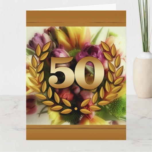 Carte illustration florale cadre doré 50e anniversaire (Devant)