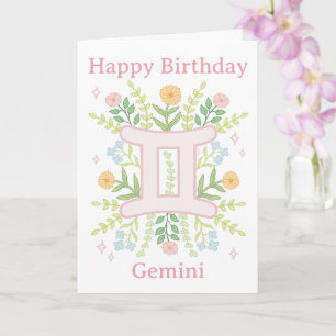 Carte Illustration florale Joyeux Anniversaire Gémeaux