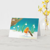 Carte Illustration Red Robin Bird & Spring Snowdrops (Fleur jaune)