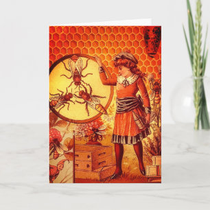 Carte Illustration Vintage Rétro Fille Apicultrice Abeil