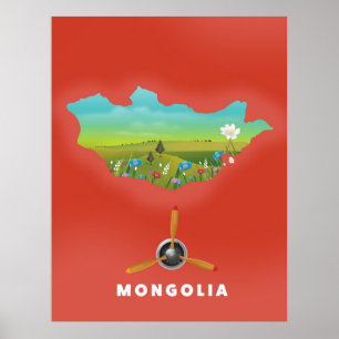 Carte illustrée de la Mongolie, affiche touristiqu