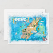 Carte illustrée de Rhodes Grèce avec des monuments (Devant / Derrière)
