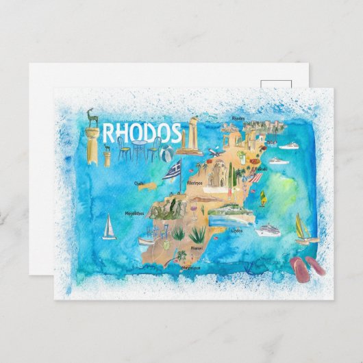 Carte illustrée de Rhodes Grèce avec des monuments (Devant / Derrière)