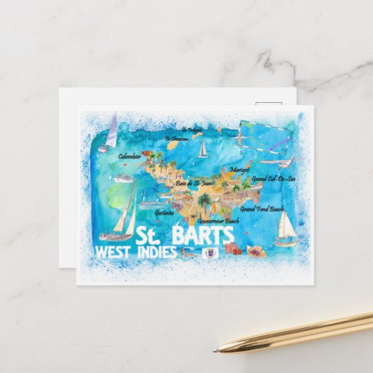 Carte illustrée des Antilles de Saint-Barth (Devant/Arrière en situation)