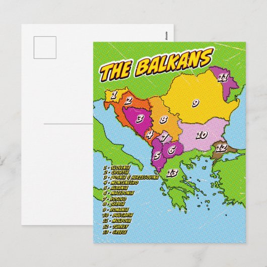 Carte illustrée des Balkans dans le style Pop Art (Devant / Derrière)