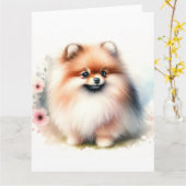 Carte Image d'aquarelle mignonne Pomeranian (Fleur jaune)