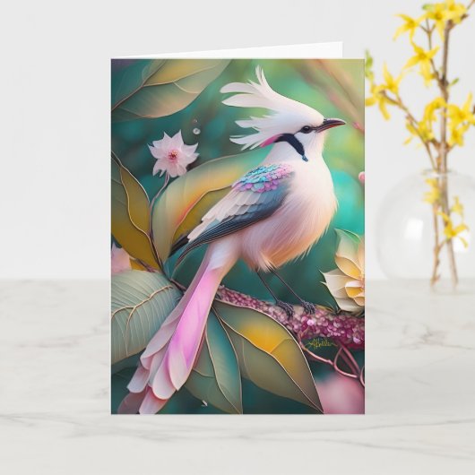 Carte Imaginaire blanc crêpé à queue blanche Jay (Fleur jaune)