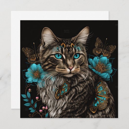 Carte Imaginaire chat avec fleurs et papillons IA art (Devant / Derrière)