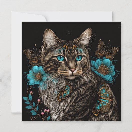 Carte Imaginaire chat avec fleurs et papillons IA art (Devant)