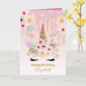 Carte Imaginaire Unicorne mignon jolie fille rose or nom (Fleur jaune)