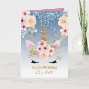 Carte Imaginaire Unicorne mignonne jolie fille bleu or n