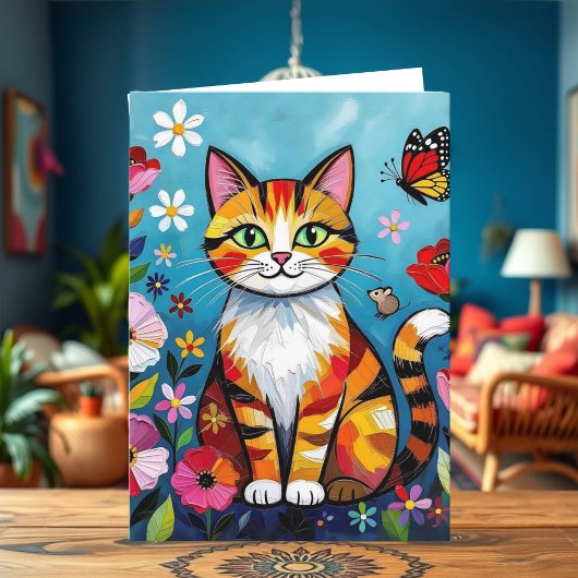 Carte Impasto Cat, Flowers & Butterfly Birthday