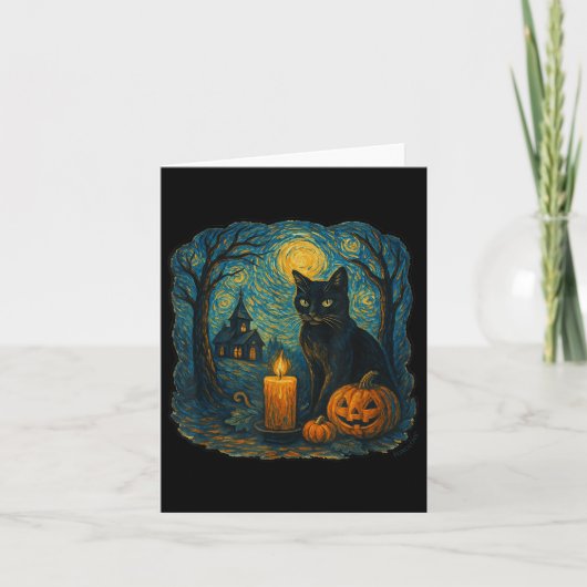 Carte Impressionniste Halloween Nuit Chat Noir Starry Fe (Devant)