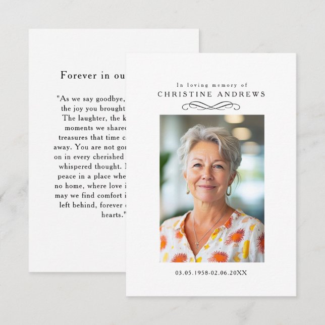 Carte "In loving Memory" Elegant White Photo Prayer (Devant / Derrière)