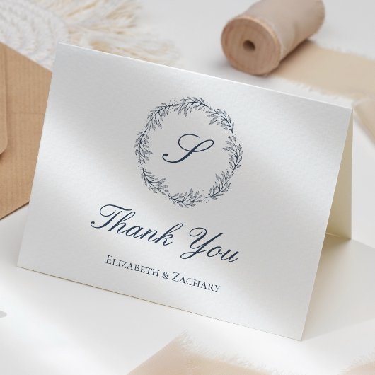 Carte Indigo Blue Monogramme Mariage de couronne Merci