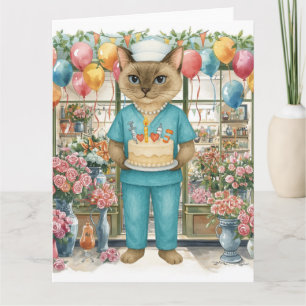 Carte Infirmière Chat Fête d'anniversaire Fleurs de gâte