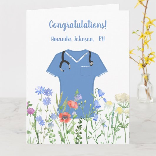 Carte Infirmière personnalisée RN LPN NP Blue Scrubs (Fleur jaune)