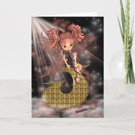 Carte initiale d'anniversaire J, jolie petite fée (Devant)