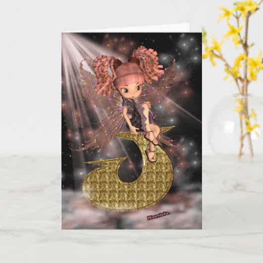 Carte initiale d'anniversaire J, jolie petite fée (Fleur jaune)