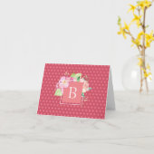 Carte Initiale Monogrammée Points Roses & Fleurs Corail  (Fleur jaune)