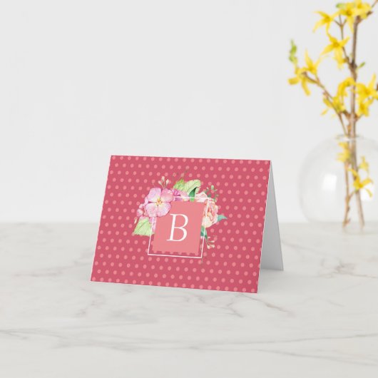 Carte Initiale Monogrammée Points Roses & Floral Corail  (Fleur jaune)