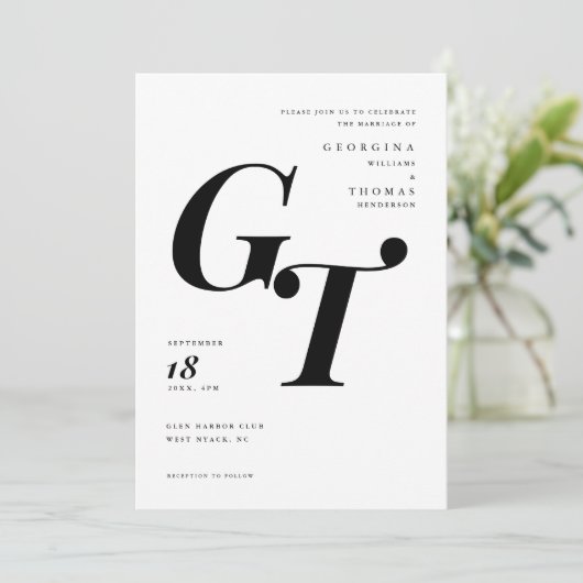 Carte Initiales classiques | Mariage moderne noir et bla (Debout devant)