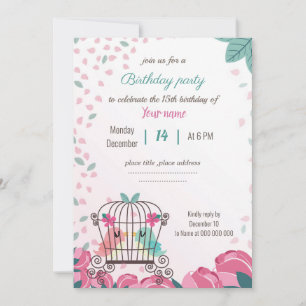 Carte inséparables en cage fête d'anniversaire fleurie