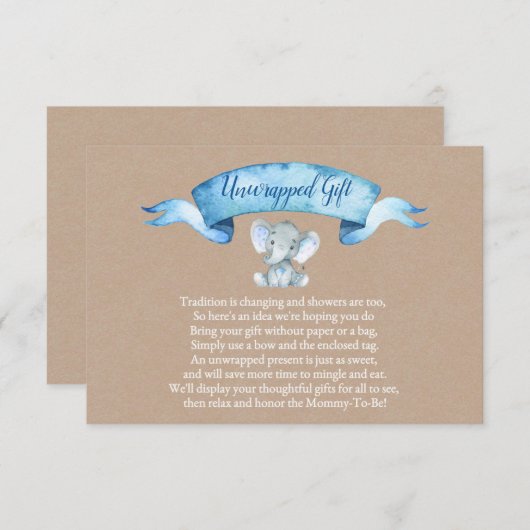 Carte insert Kraft Boy Rustic Elephant Cadeau non (Devant / Derrière)