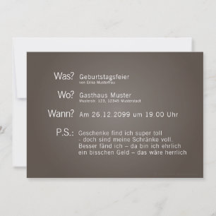 Carte invitant avec "Quoi ? Quand ? Où ? P.S.:"