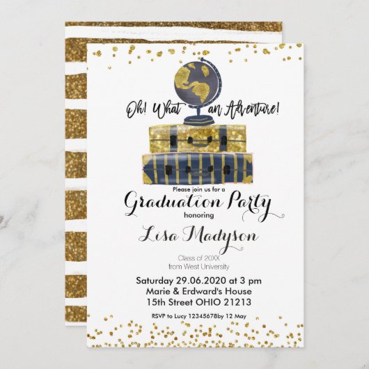 Carte Invitation Gold Globe Adventure Graduation P (Devant / Derrière)
