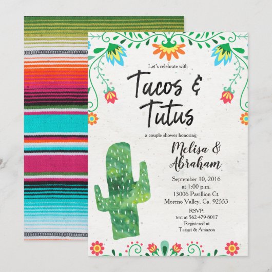 Carte Invitation Tacos et Tutus Fiesta Baby shower (Devant / Derrière)