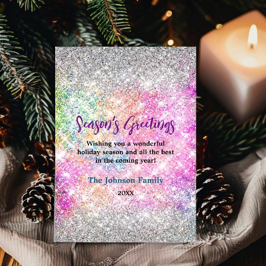 Carte Iridescente rose argent parties scintillant Noël n