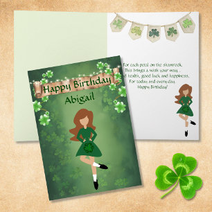 Carte Irish Dance Shamrock souhaite Brown Cheveux Annive