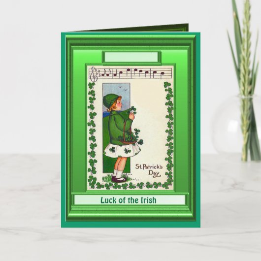 Carte Irish Luck, fille avec shamrock et musique (Devant)