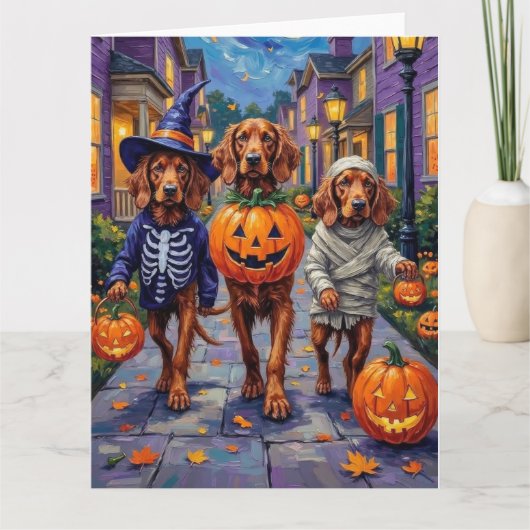 Carte Irish Red Setter faisant Trick-or-Treating Hallowe (Devant)