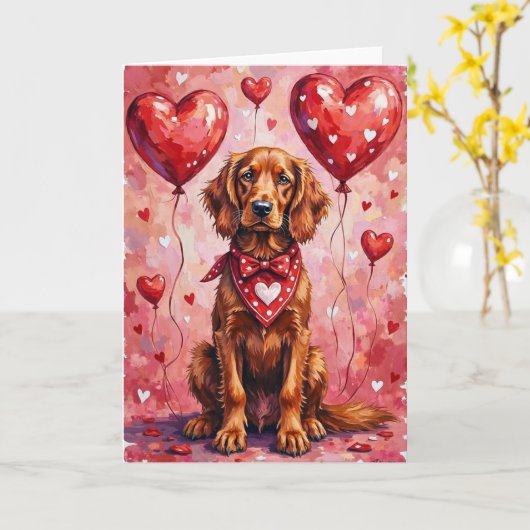 Carte Irish Red Setter Saint-Valentin Chien Assis avec d (Fleur jaune)