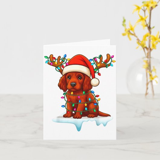 Carte Irish Setter Christmas Santa Hat Reindeer Lights P (Fleur jaune)