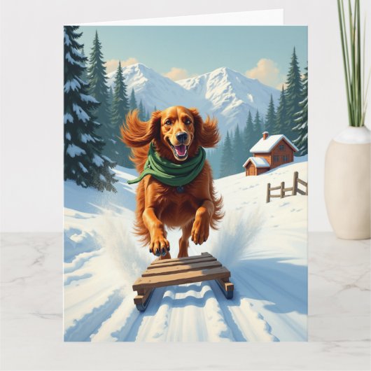 Carte Irish Setter Sledding Adventure Christmas Painting (Devant)