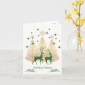 Carte Irlandais gaélique de Noël vert & or arbre, rennes (Fleur jaune)