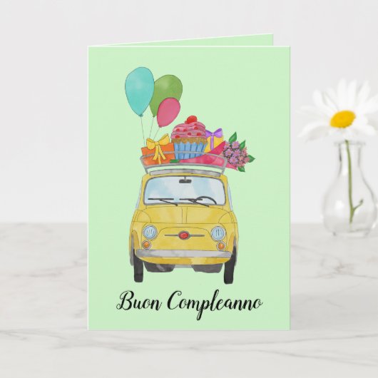 Carte italienne Anniversaire Retro Fiat 500 (Petite plante)