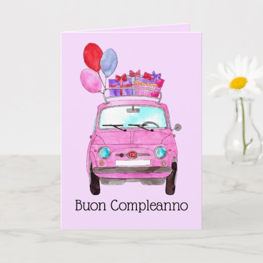Carte italienne Anniversaire Retro Fiat 500 (Petite plante)