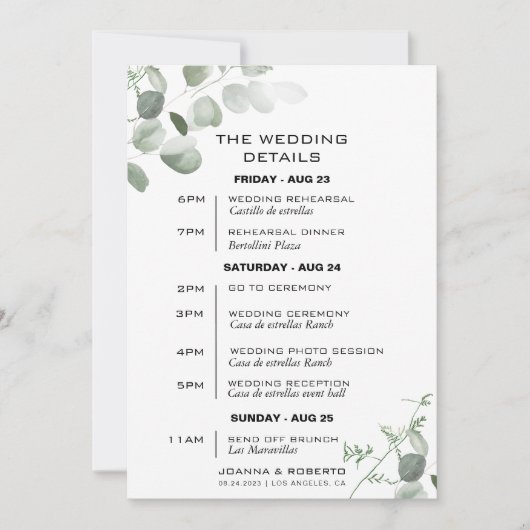 Carte Itinéraire minimaliste Mariage Eucalyptus (Devant)