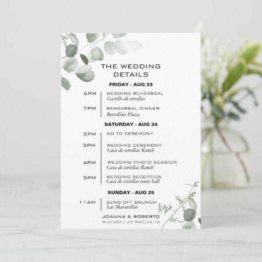 Carte Itinéraire minimaliste Mariage Eucalyptus (Debout devant)
