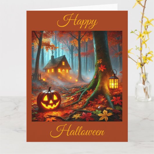 Carte Jack O'Lantern en forêt Éffrayante à Halloween (Fleur jaune)