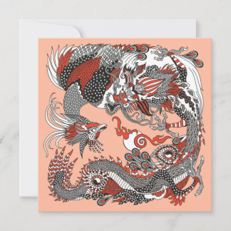 Carte Jade Dragon and Gold Phoenix playing with a pearl