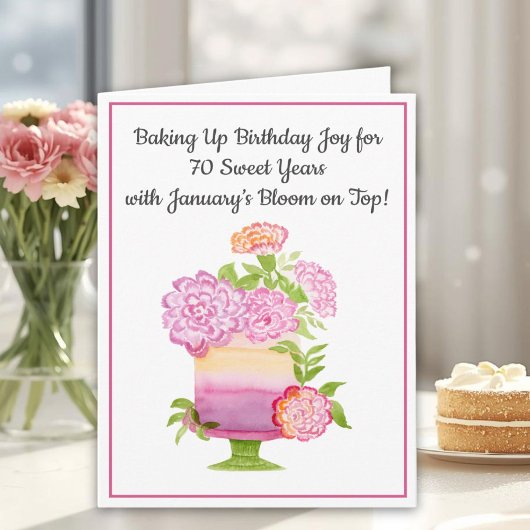 Carte January 70th Birthday Cake Purple Carnations