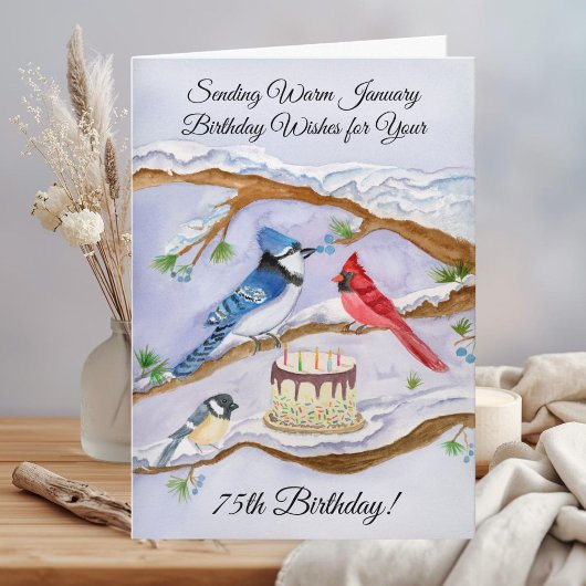Carte January 75th Birthday Backyard Birds Watercolor