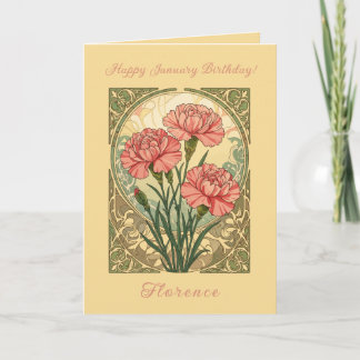 Carte January Birthday Pink Carnations Art Nouveau Style