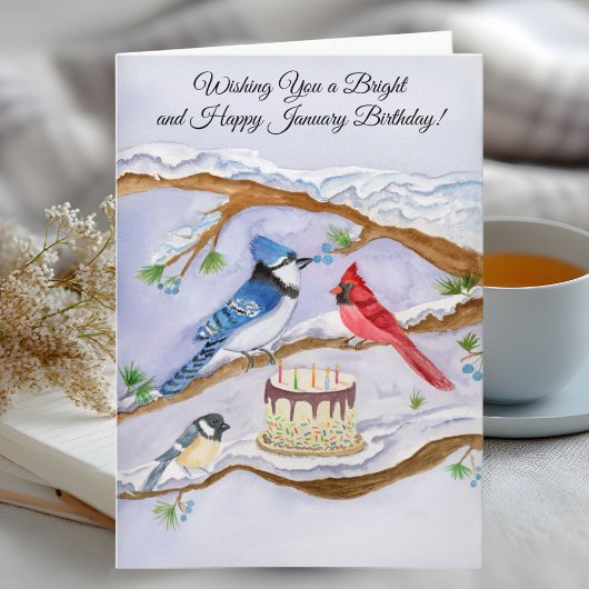 Carte January Birthday with Backyard Birds and Cake